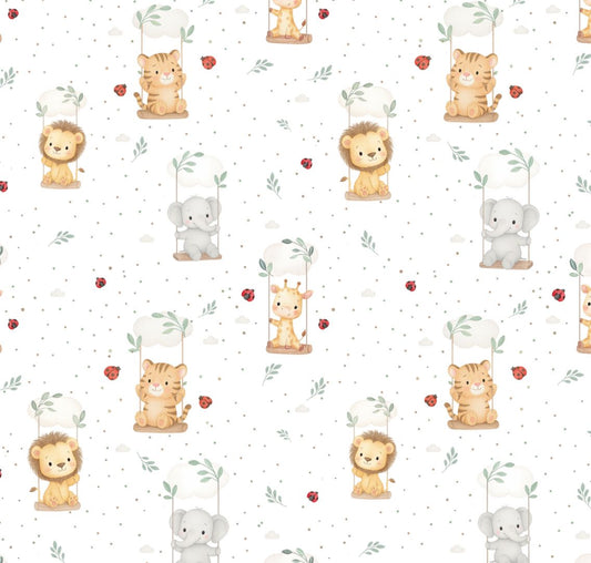 Tecido 100% Algodão | Padrão Infantil | Animais no baloiço