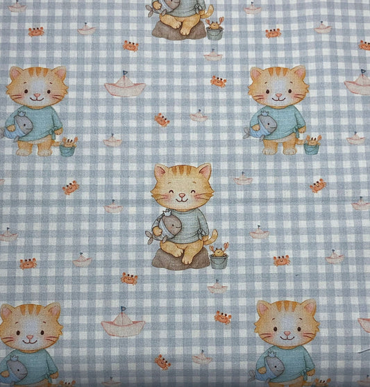 Tecido 100% Algodão | Padrão Infantil | Gatinho Pescador
