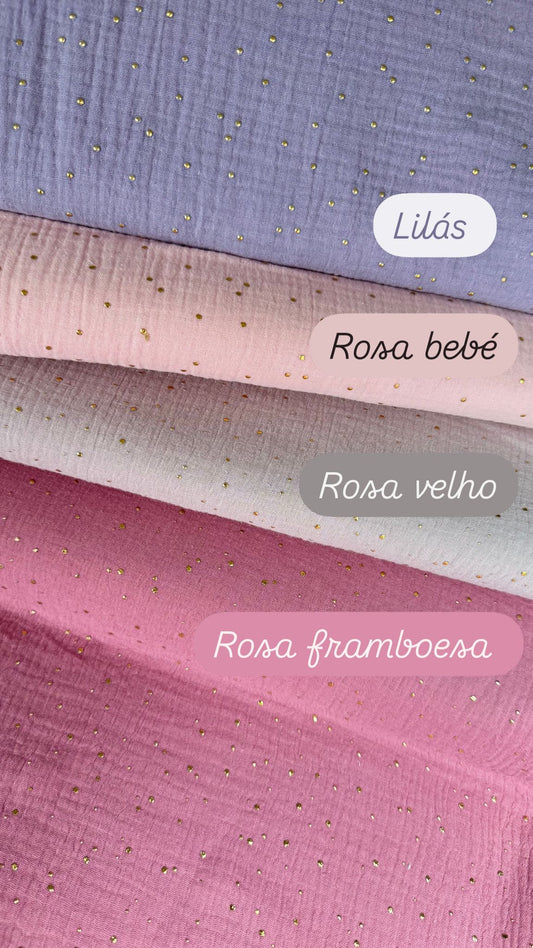 Tela de muselina marrón con lunares dorados 